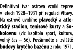 Definitivn tvar ostrova vznikl teprve v letech 1928–1931 p i regulaci Vltavy. Na ostrov  uvid me plaveck  a atletick...