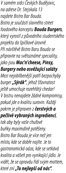 V sam m srdci esk ch Bud jovic, na adrese Dr. Stejskala 13 najdete Bistro Bar Bouda. Bistro je sou  st  slavn ho str...