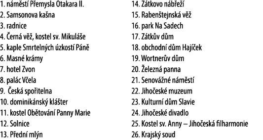 1. n m st P emysla Otakara II. 2. Samsonova ka na 3. radnice 4.  ern  v  , kostel sv. Mikul  e 5. kaple Smrteln ch  ...